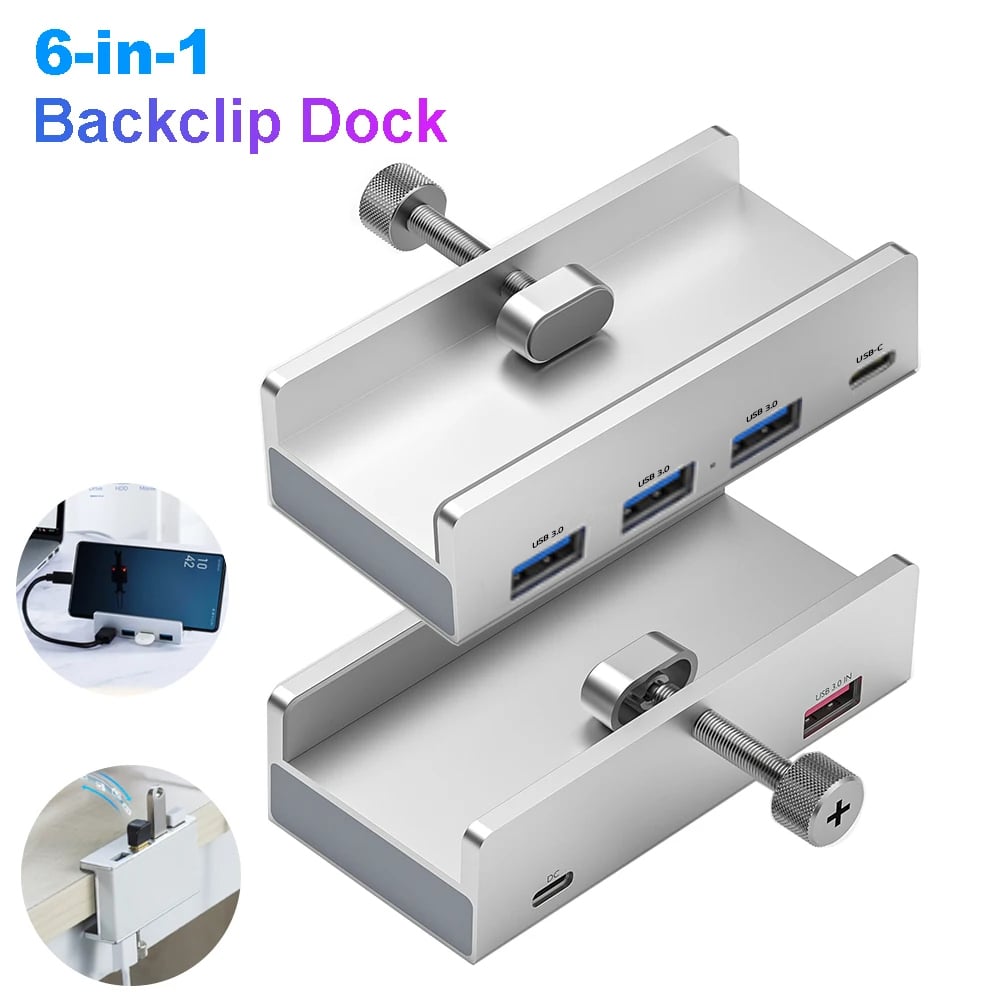 SpeedHub™ - 6-IN-1 Black Clip Dock 5Gbps USB 3.0 Hub Aluminum Alloy External Multi-USB Splitter Adapter for Laptop Desktop